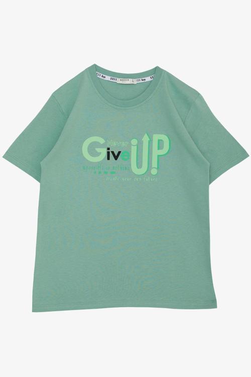 Erkek Çocuk Tişört Asla Pes Etme Tasarım Baskılı 9-16 Yaş, Mint Yeşili