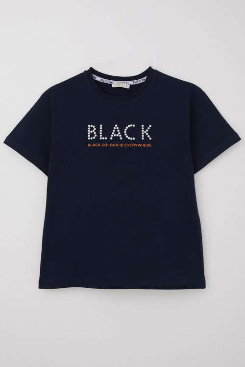 Erkek Çocuk Tişört Kabartma Detaylı Yazı Baskılı 9-14 Yaş, Lacivert