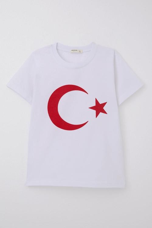 Erkek Çocuk Tişört Türk Bayraklı 4-14 Yaş, Beyaz
