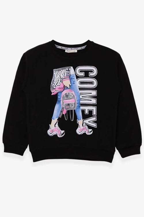 Kız Çocuk Sweatshirt Pullu Baskılı 9-14 Yaş, Siyah