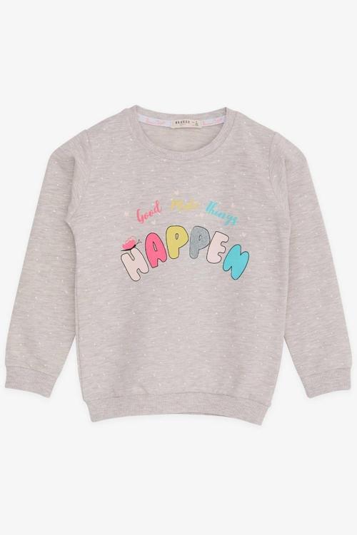 Kız Çocuk Sweatshirt Yazı Baskılı Desenli 3-7 Yaş, Bej Melanj