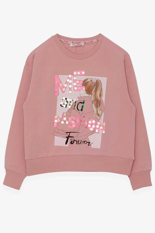 Kız Çocuk Sweatshirt Pullu Kız Baskılı 8-14 Yaş, Somon