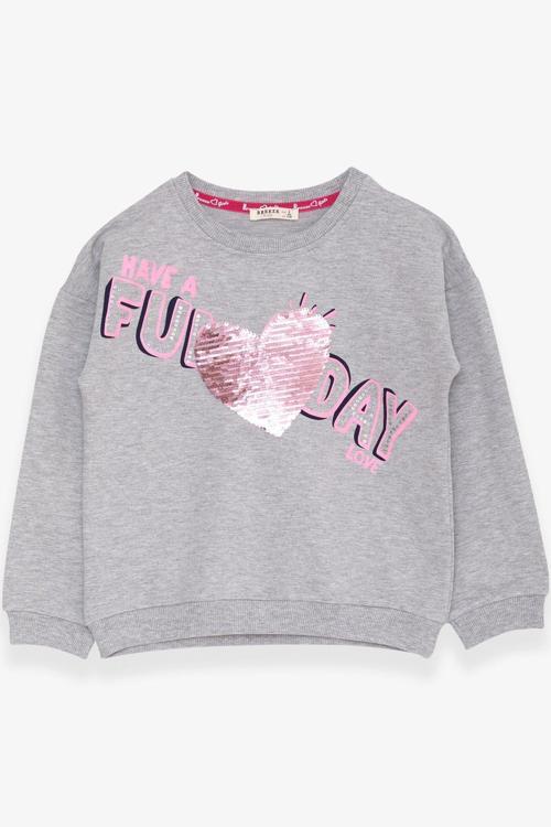 Kız Çocuk Sweatshirt Pullu Yazı Baskılı 4-8 Yaş, Açık Gri Melanj