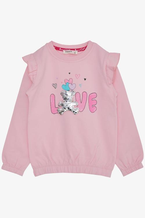 Kız Çocuk Sweatshirt Pullu Ayıcık Aksesuarlı Simli Yazı Baskılı 1.5-5 Yaş, Pembe