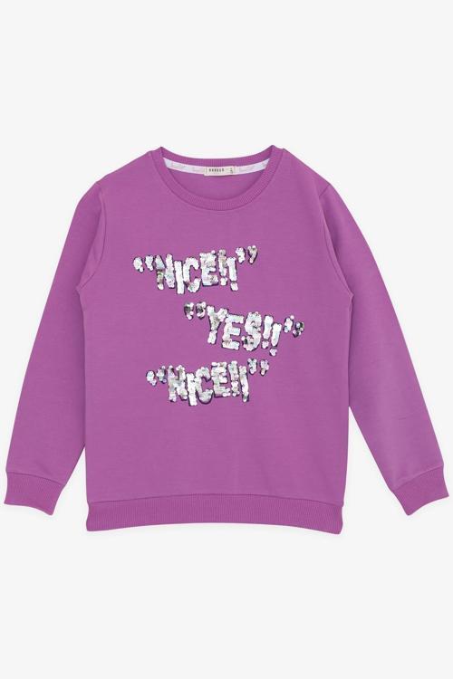 Kız Çocuk Sweatshirt Pullu Yazı Baskılı 8-14 Yaş, Eflatun