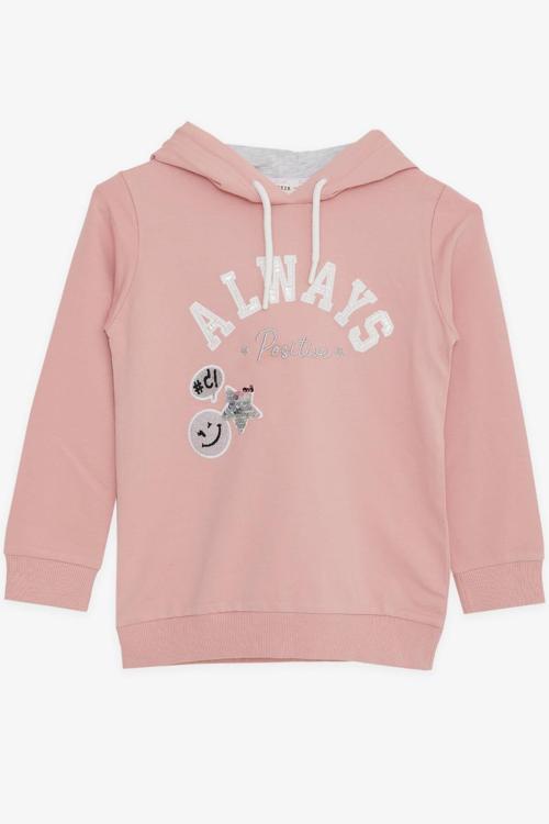 Kız Çocuk Sweatshirt Pullu Simli Gülenyüz Baskılı 4-9 Yaş, Gülkurusu