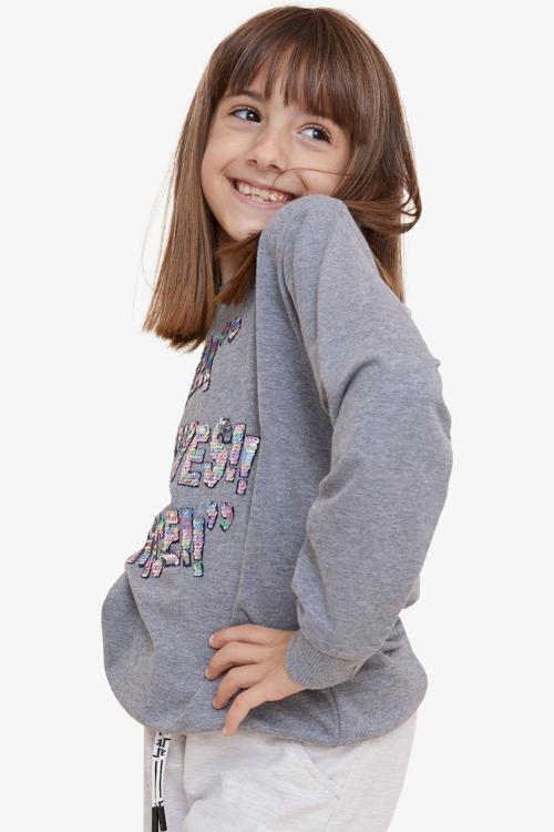 Kız Çocuk Sweatshirt Pullu Yazı Baskılı 8-14 Yaş, Koyu Gri Melanj