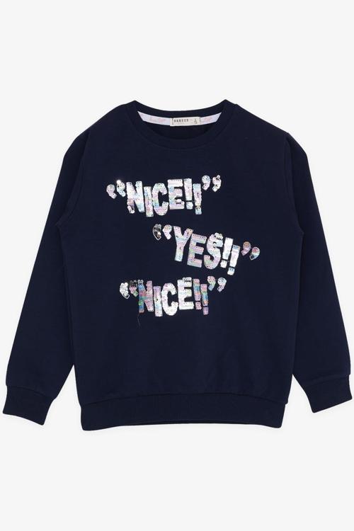 Kız Çocuk Sweatshirt Pullu Yazı Baskılı 8-14 Yaş, Lacivert