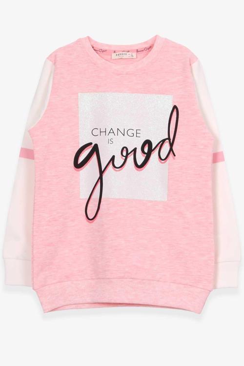 Kız Çocuk Sweatshirt Simli Yazı Baskılı 8-14 Yaş, Somon Melanj