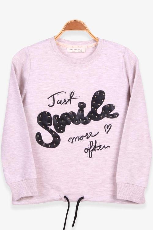 Kız Çocuk Sweatshirt İncili Taşlı Beli Bağcıklı 6-12 Yaş, Bej Melanj