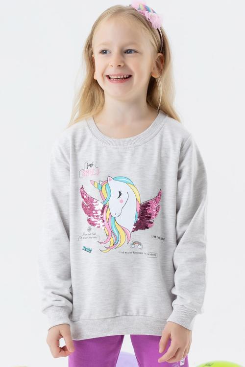 Kız Çocuk Sweatshirt Unicorn Baskılı 2-6 Yaş, Gri Melanj
