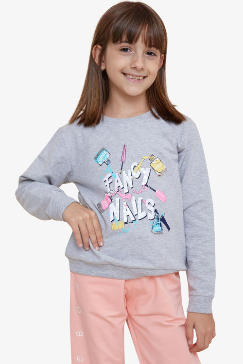 Kız Çocuk Sweatshirt Renkli Oje Baskılı 6-12 Yaş, Gri Melanj