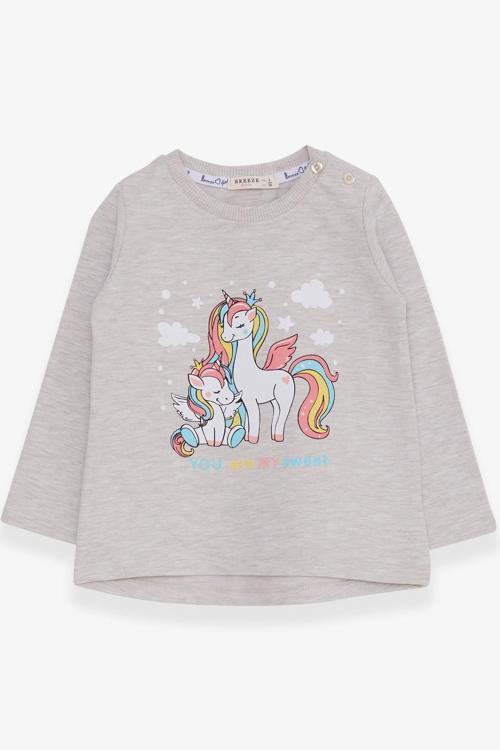 Kız Çocuk Sweatshirt Sevimli Unicorn Baskılı 1-4 Yaş, Bej Melanj