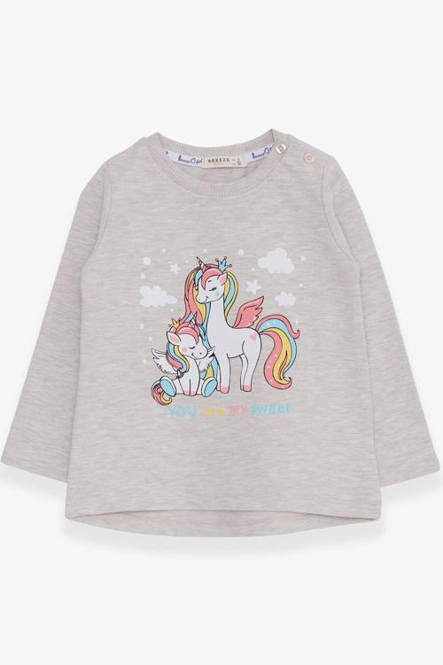 Kız Çocuk Sweatshirt Sevimli Unicorn Baskılı 1-4 Yaş, Bej Melanj