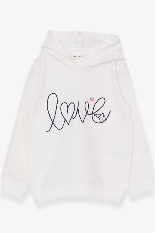 Kız Çocuk Sweatshirt Nakışlı Yazı Baskılı 2-6 Yaş, Ekru