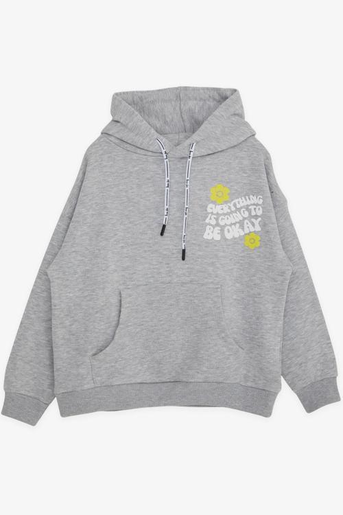 Kız Çocuk Sweatshirt Kapüşonlu Yazı Baskılı 8-14 Yaş, Gri Melanj