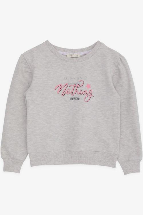 Kız Çocuk Sweatshirt Simli Yazı Baskılı 8-14 Yaş, Bej Melanj
