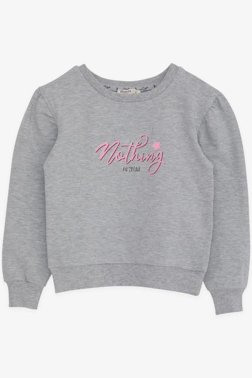 Kız Çocuk Sweatshirt Simli Yazı Baskılı 8-14 Yaş, Gri Melanj