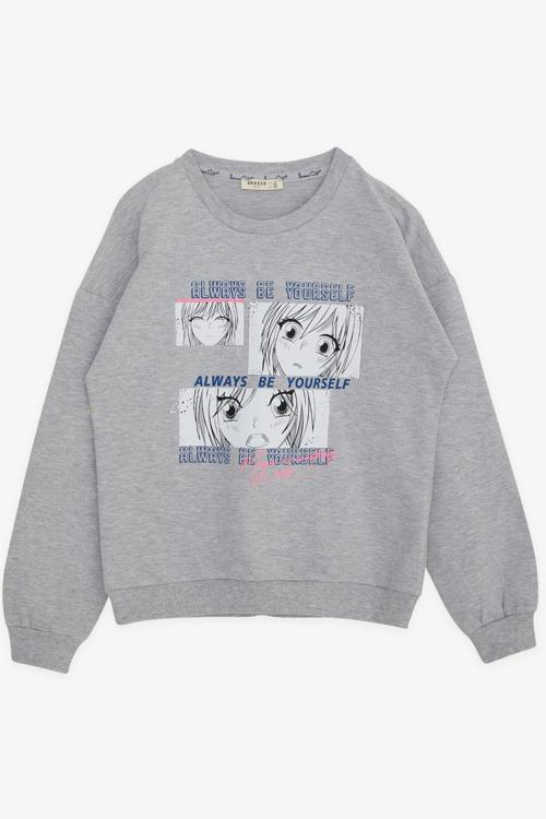 Kız Çocuk Sweatshirt Şaşkın Kız Baskılı 9-14 Yaş, Gri Melanj