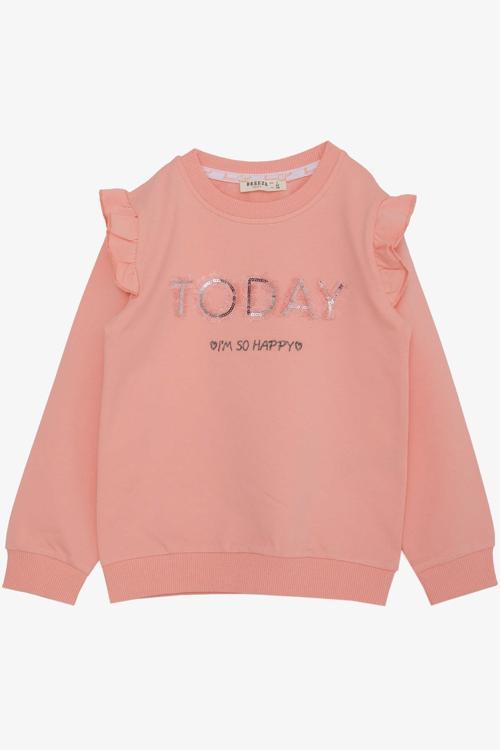 Kız Çocuk Sweatshirt Pullu Simli Yazı Baskılı 3-8 Yaş, Somon
