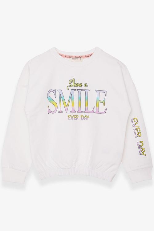 Kız Çocuk Sweatshirt Simli Yazı Baskılı 8-14 Yaş, Ekru