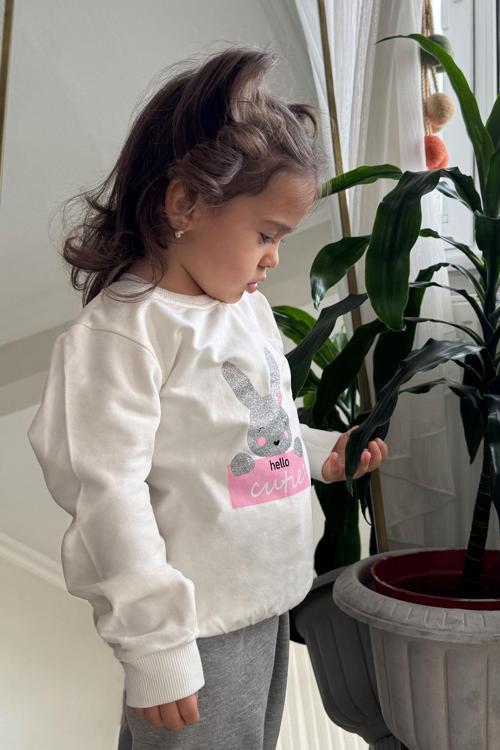 Kız Çocuk Sweatshirt Sevimli Simli Tavşancık Baskılı 1.5-5 Yaş, Ekru