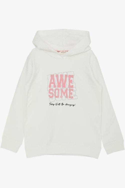 Kız Çocuk Sweatshirt Kapüşonlu Simli Yazı Baskılı 5-10 Yaş, Ekru