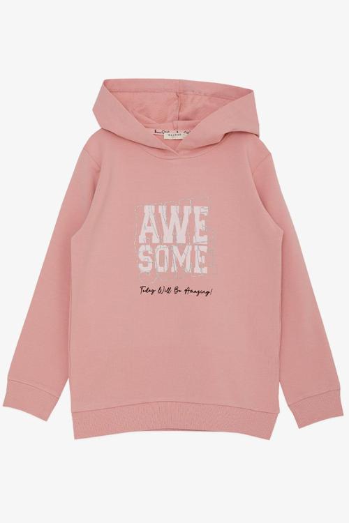 Kız Çocuk Sweatshirt Kapüşonlu Simli Yazı Baskılı 5-10 Yaş, Gülkurusu