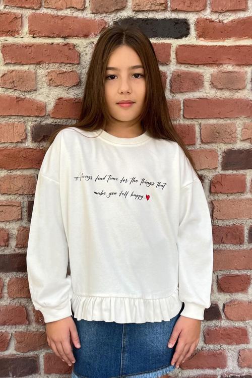 Kız Çocuk Seweatshirt Yazı Baskılı Etek Ucu Fırfıtlı 8-12 Yaş, Ekru
