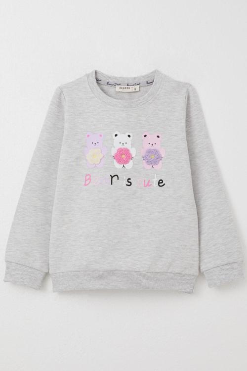 Kız Çocuk Sweatshirt Sevimli Ayıcıklar Baskılı 1.5-5 Yaş, Açık Gri Melanj