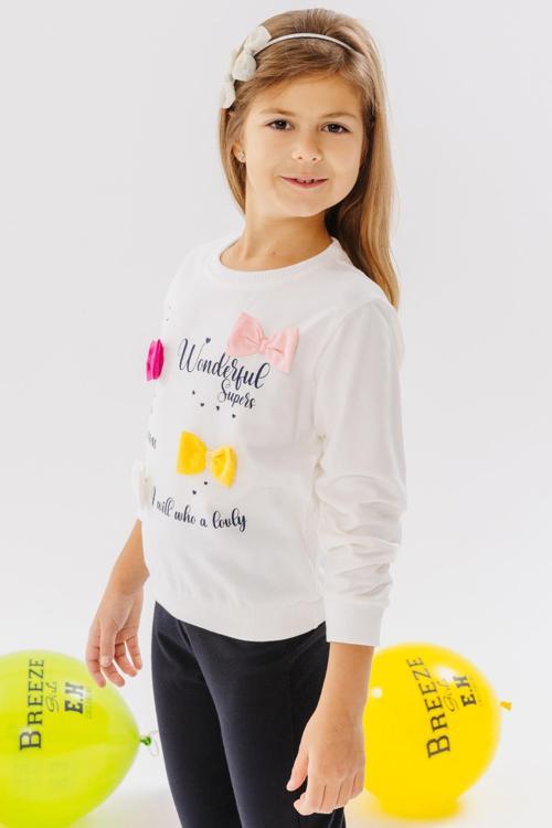 Kız Çocuk Sweatshirt Renkli Fiyonk Aksesuarlı Yazı Baskılı 3-8 Yaş, Ekru
