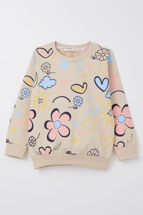 Kız Çocuk Sweatshirt Bahar Temalı Çicek Desenli 2-6 Yaş, Bej