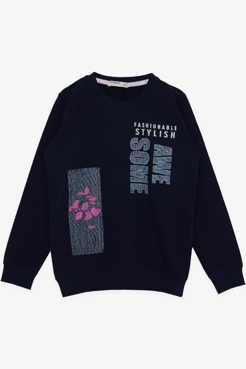 Kız Çocuk Sweatshirt Çiçek Baskılı 6-12 Yaş, Lacivert
