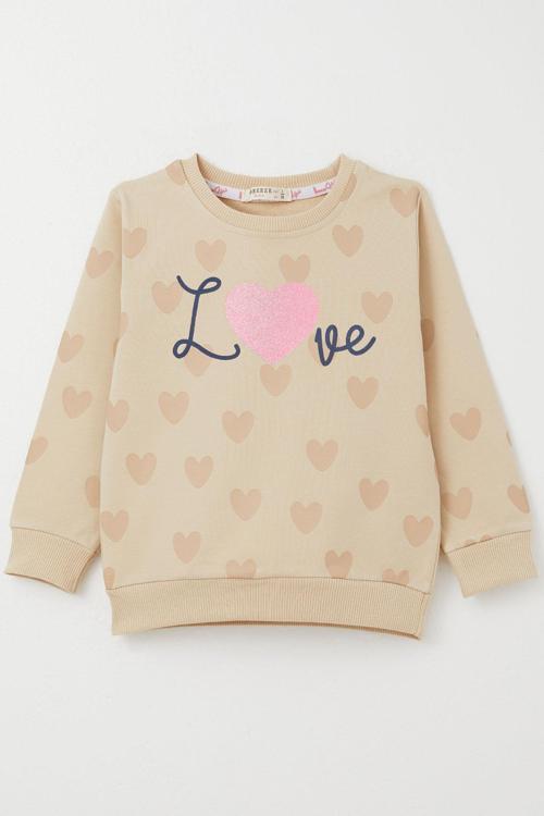 Kız Çocuk Sweatshirt Sevgi Temalı Kalp Desenli 3-8 Yaş, Bej