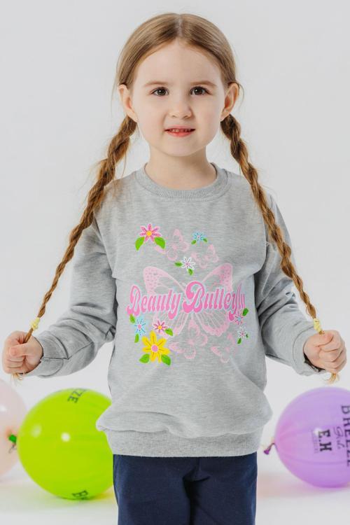 Kız Çocuk Sweatshirt Kelebek Baskılı 3-8 Yaş, Açık Gri Melanj