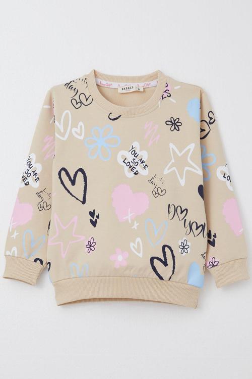 Kız Çocuk Sweatshirt Sevgi Temalı Desenli 3-8 Yaş, Bej