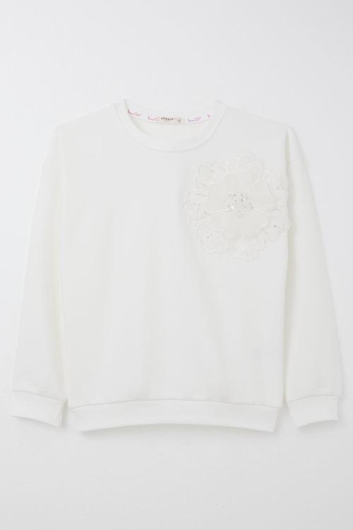 Kız Çocuk Sweatshirt Yonca Arma Aksesuarlı 9-14 Yaş, Ekru
