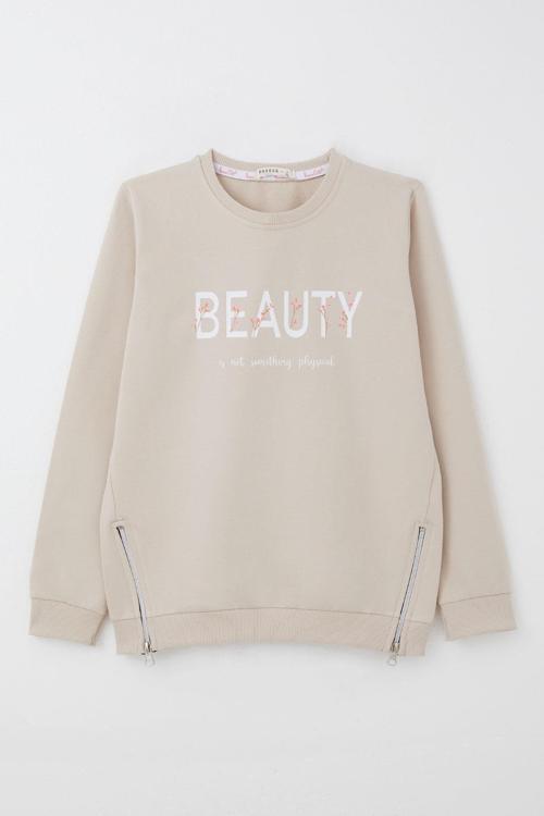 Kız Çocuk Sweatshirt Yazı Baskılı Kenarları Fermuar Detaylı 9-14 Yaş, Bej