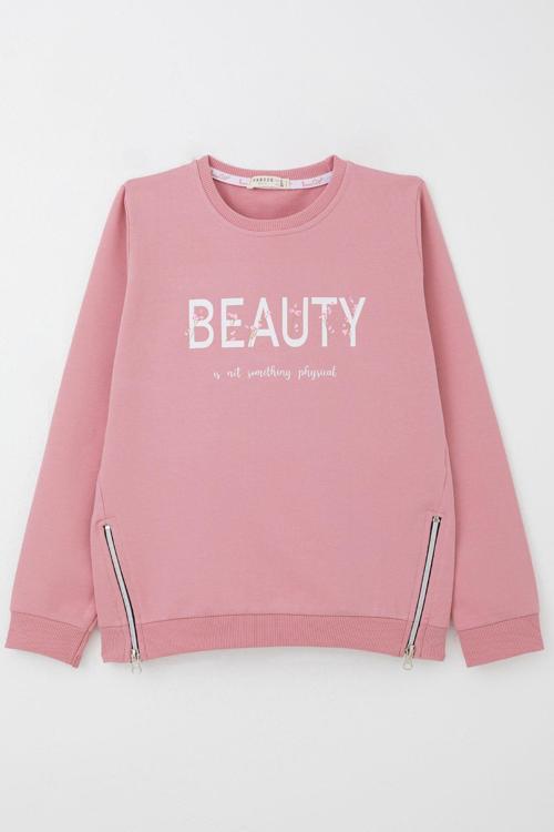 Kız Çocuk Sweatshirt Yazı Baskılı Kenarları Fermuar Detaylı 9-14 Yaş, Gülkurusu