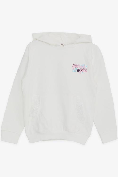 Kız Çocuk Sweatshirt Kanguru Cepli Yazı Baskılı Güpürlü 3-8 Yaş, Ekru