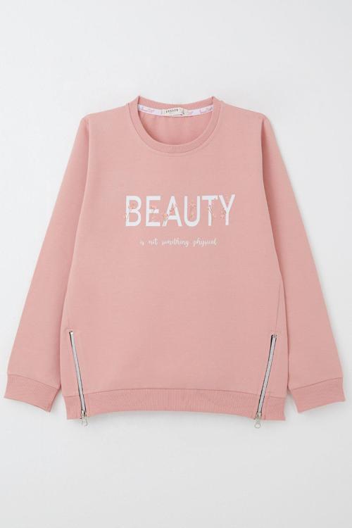 Kız Çocuk Sweatshirt Yazı Baskılı Kenarları Fermuar Detaylı 9-14 Yaş, Gülkurusu