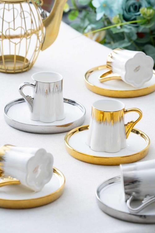 HXF-05924 Aurora Karışık 6lı Kahve Fincan Takımı Gold-Gümüş