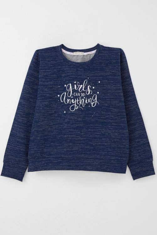 Kız Çocuk Sweatshirt Yazı Baskılı Yıldızlı 9-14 Yaş, Lacivert Melanj