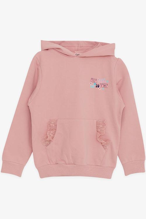 Kız Çocuk Sweatshirt Kanguru Cepli Yazı Baskılı Güpürlü 3-8 Yaş, Gülkurusu