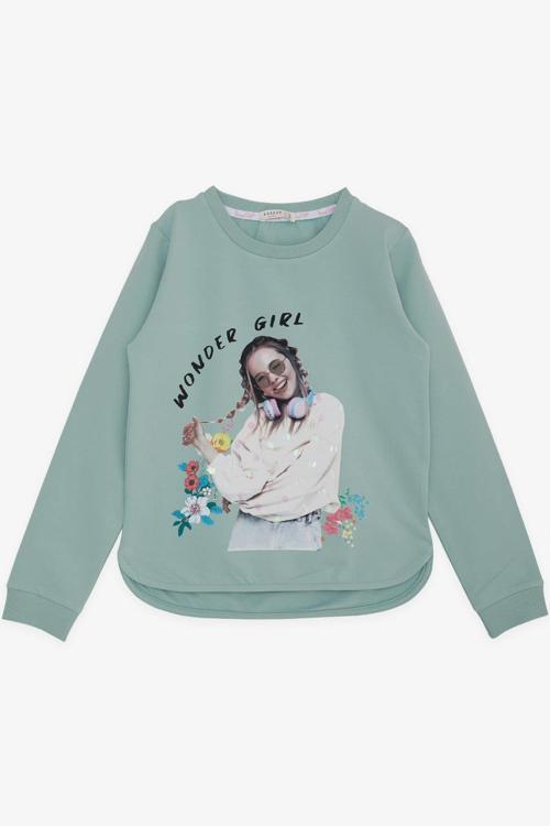 Kız Çocuk Sweatshirt Harika Kız Yazı Baskılı Çiçekli 9-14 Yaş, Su Yeşili