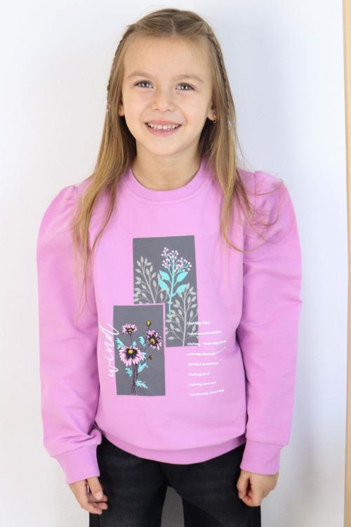 Kız Çocuk Sweatshirt Çiçek & Yazı Baskılı 6-12 Yaş, Eflatun