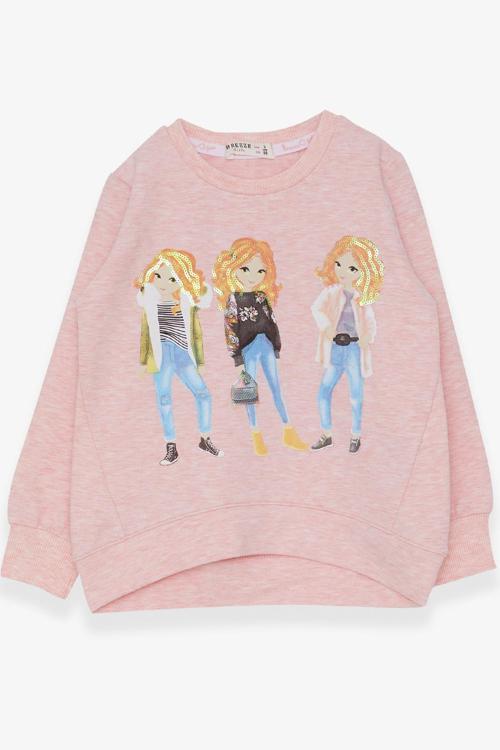 Kız Çocuk Sweatshirt Pullu Kız Baskılı 3-8 Yaş, Somon Melanj