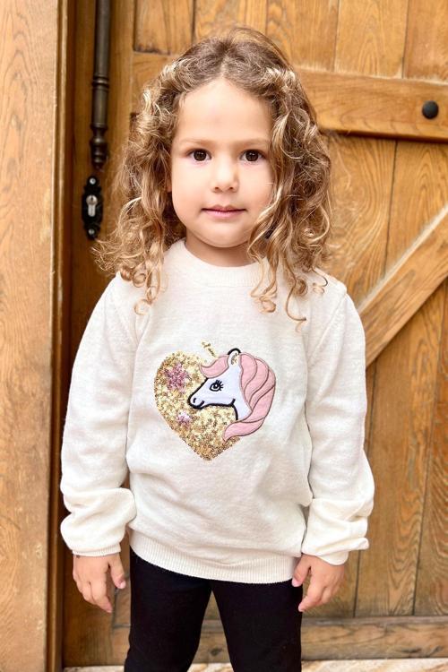 Kız Çocuk Triko Kazak Pullu Unicorn Baskılı 1.5-5 Yaş, Ekru