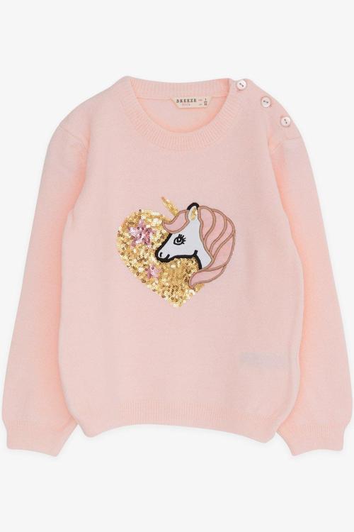 Kız Çocuk Triko Kazak Pullu Unicorn Baskılı 1.5-5 Yaş, Pudra