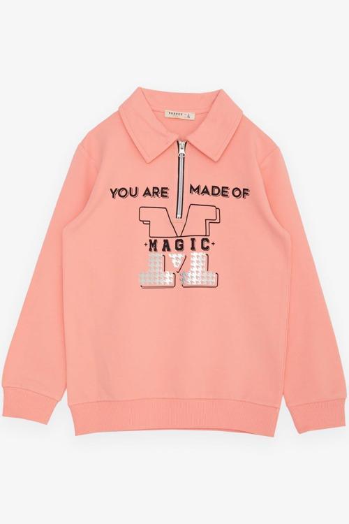 Kız Çocuk Sweatshirt Magıc Yazı Baskılı Yarım Fermuarlı Polo Yaka 8-14 Yaş, Somon